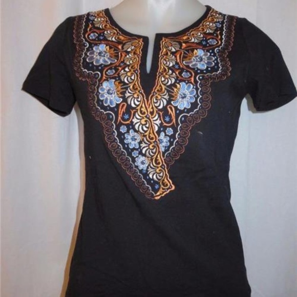 NARA MAGLIE BLACK TUNIC TOP W/FLORAL DESIGN SIZE M - Picture 1 of 3